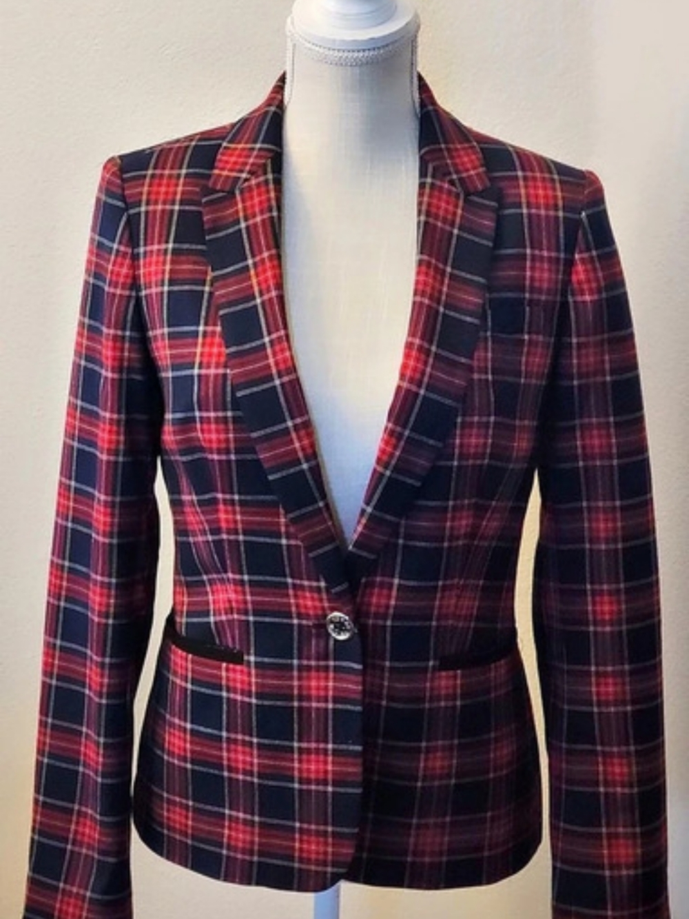 tommy hilfiger plaid tartan blazer size 6 velvet trim suede elbow patches